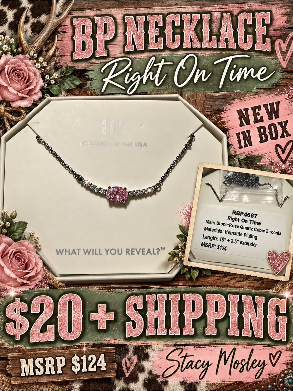 bp Right On Time Rose Quartz Cubic Zirconia Necklace - Pink and Hematite